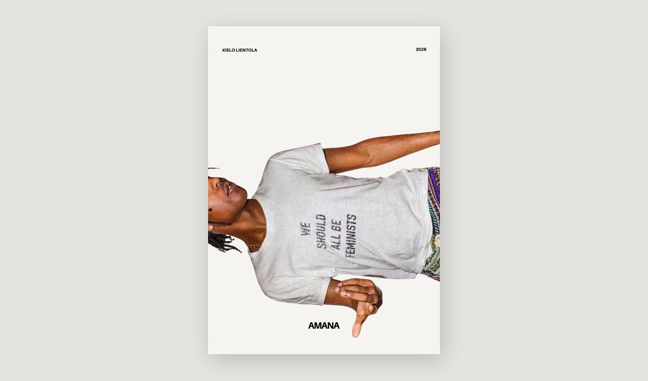 Amana Issue 01 cover draft, 2026: Kielo Lientola, 2026, Amana, over a sideways photo of a model in a We Should All Be Feminists T-shirt